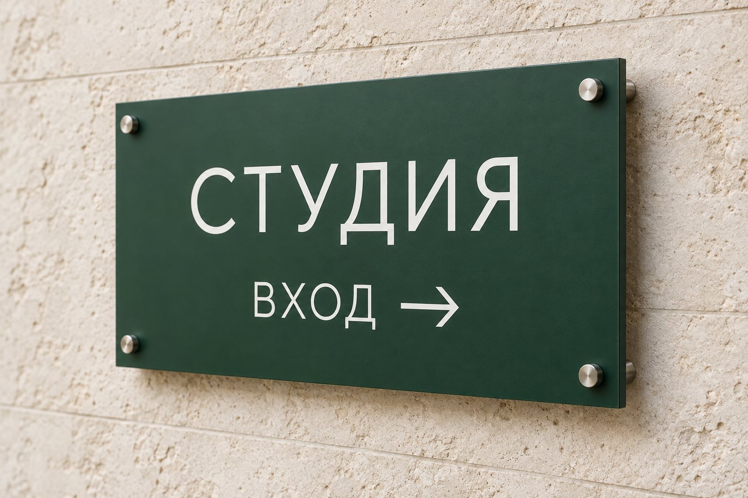 Тёмно-зелёная табличка СТУДИЯ ВХОД со стрелкой и дистанционными держателями